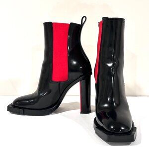 Alexander McQueen Glossy Two Toned Red Black Chelsea Ankle Boots SZ 38